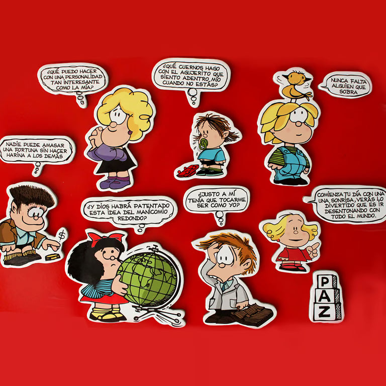 Imanes de Mafalda y personajes con caja