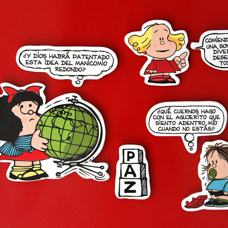 Imanes de Mafalda y personajes con caja
